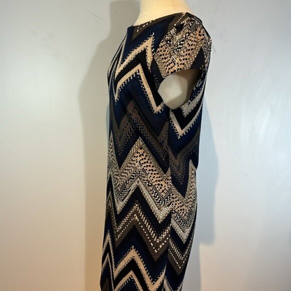 Chevron striped blue/brown/black zip back dress cap sleeves size large - Picture 5 of 10